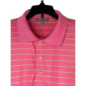 Peter Millar Shirt Men's Large Summer Comfort Pink Lime Striped Polo Golf